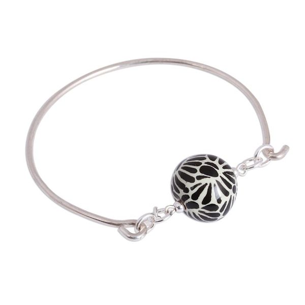 Alternate image for Black Talavera Ceramic and Sterling Silver Pendant Bracelet Petal Orb