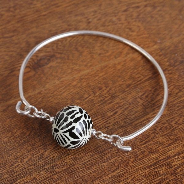 Alternate image for Black Talavera Ceramic and Sterling Silver Pendant Bracelet Petal Orb