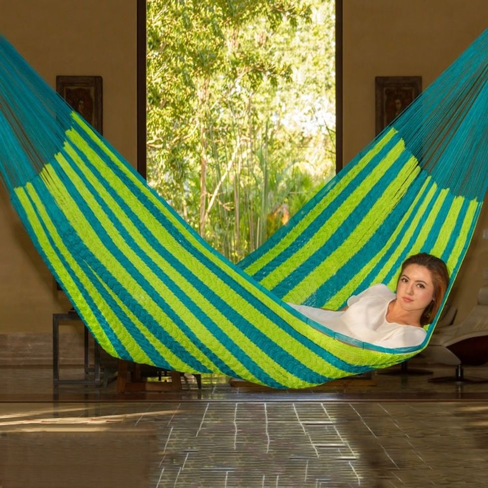 Hand Made Nylon Single Hammock with S-Hooks from Mexico 'Neptune'