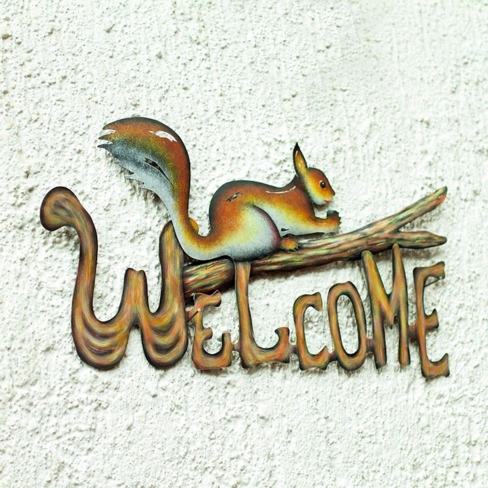 Steel Welcome Sign Outdoor Living 'Busy Squirrel'
