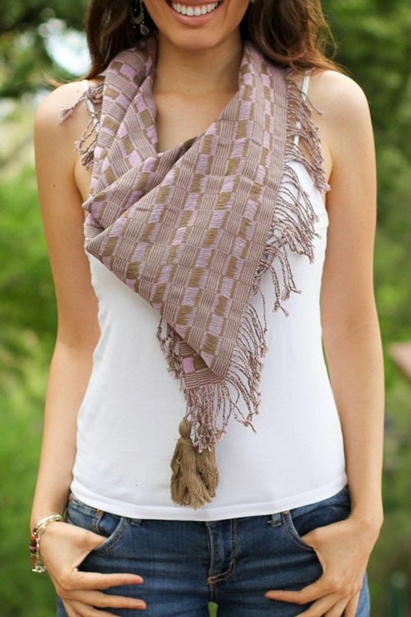 Alternate image for Handwoven Cotton Scarf in Sepia and Lilac from Mexico Old Lilac