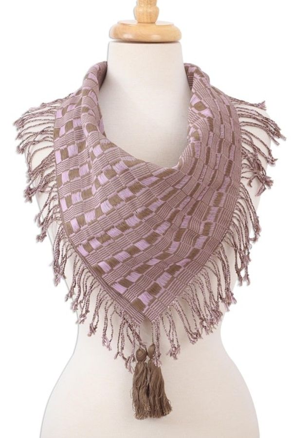 Alternate image for Handwoven Cotton Scarf in Sepia and Lilac from Mexico Old Lilac