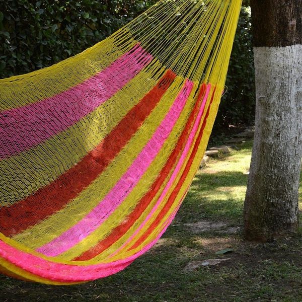 Alternate image for Hand Woven Nylon Pink Yellow Hammock Double from Mexico Candy Delight