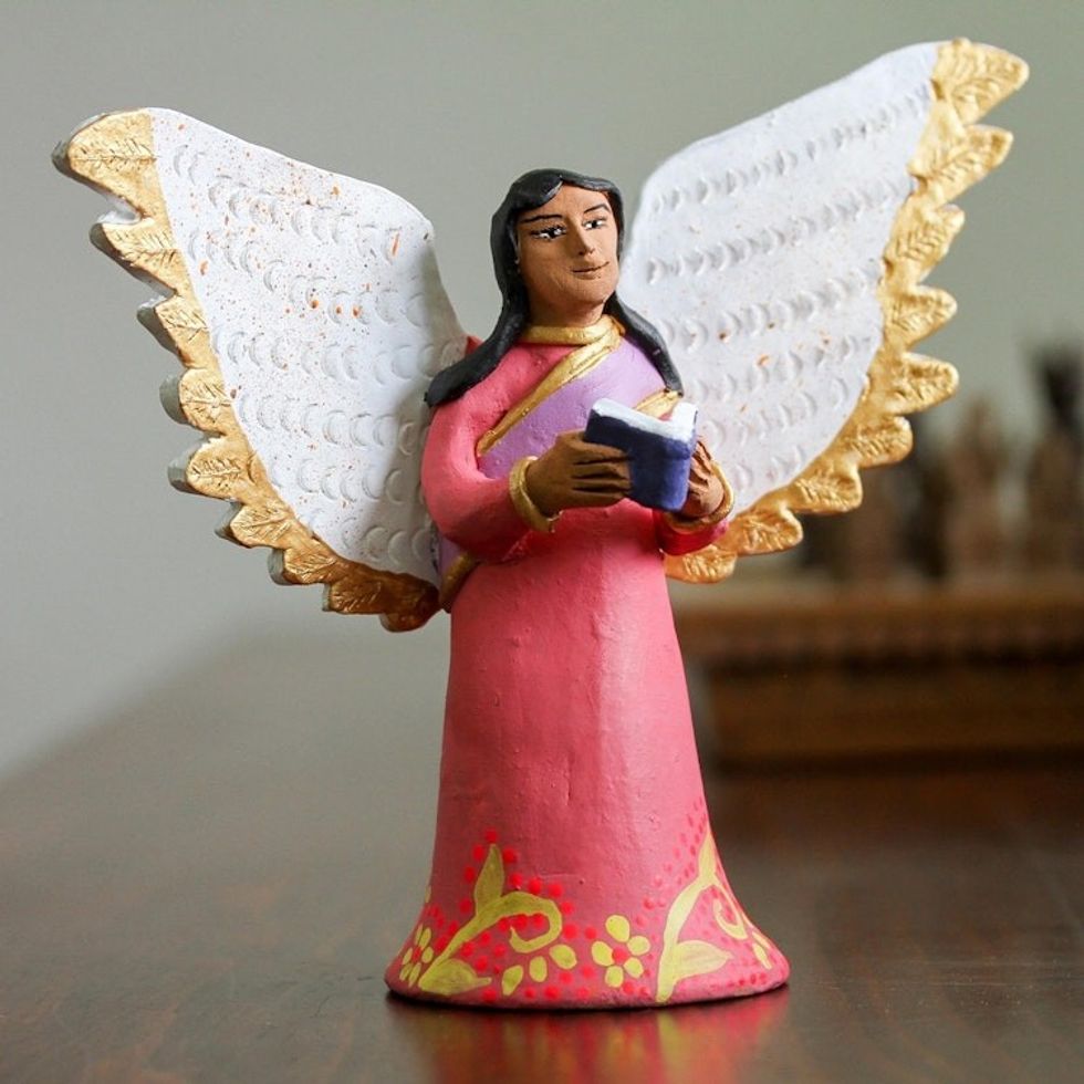 Hand-Painted Ceramic Sculpture of an Angel with a Book 'Studious Angel'