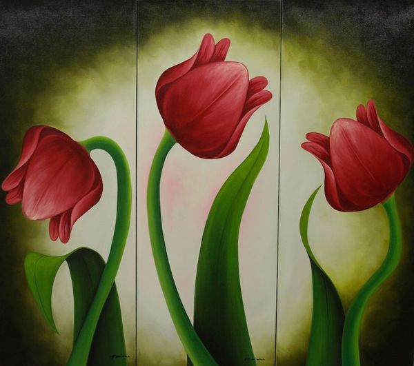 Alternate image for Three Paintings of Realistic Red Tulips Set Red Tulips