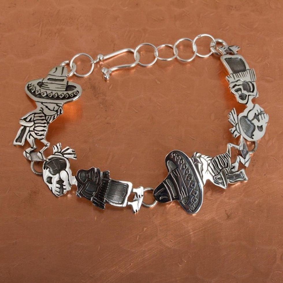 Mexican Day of the Dead Sterling Silver Link Bracelet 'Skeletal Hat Dance'