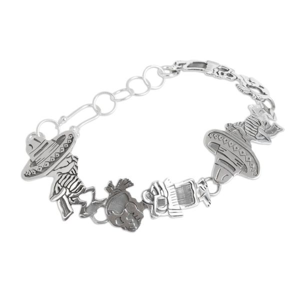 Alternate image for Mexican Day of the Dead Sterling Silver Link Bracelet Skeletal Hat Dance