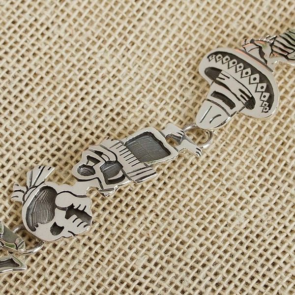 Alternate image for Mexican Day of the Dead Sterling Silver Link Bracelet Skeletal Hat Dance