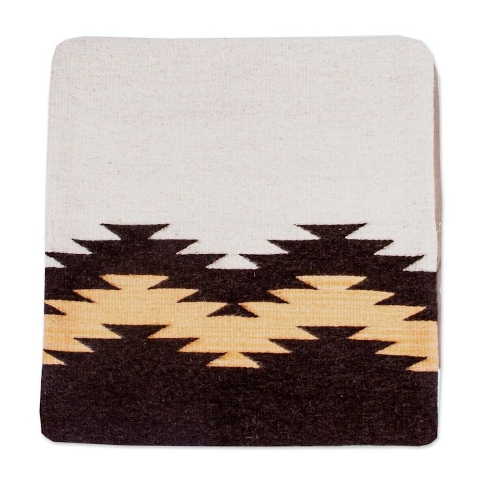 Ivory and Brown Fret Motif Handwoven Wool Cushion Cover 'Fret Waves in Brown'
