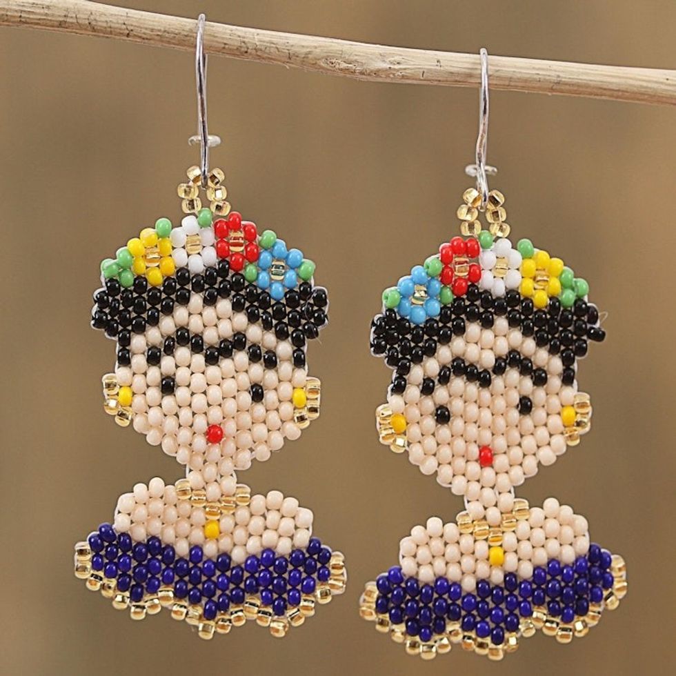 Glass Beaded Frida Dangle Earrings in Blue from Mexico 'Blue Frida'