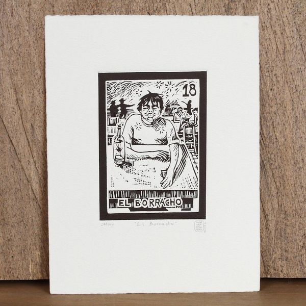 Alternate image for Mexico Folk Art Theme Signed Black and White Etching The Drunk Tequila Lotto