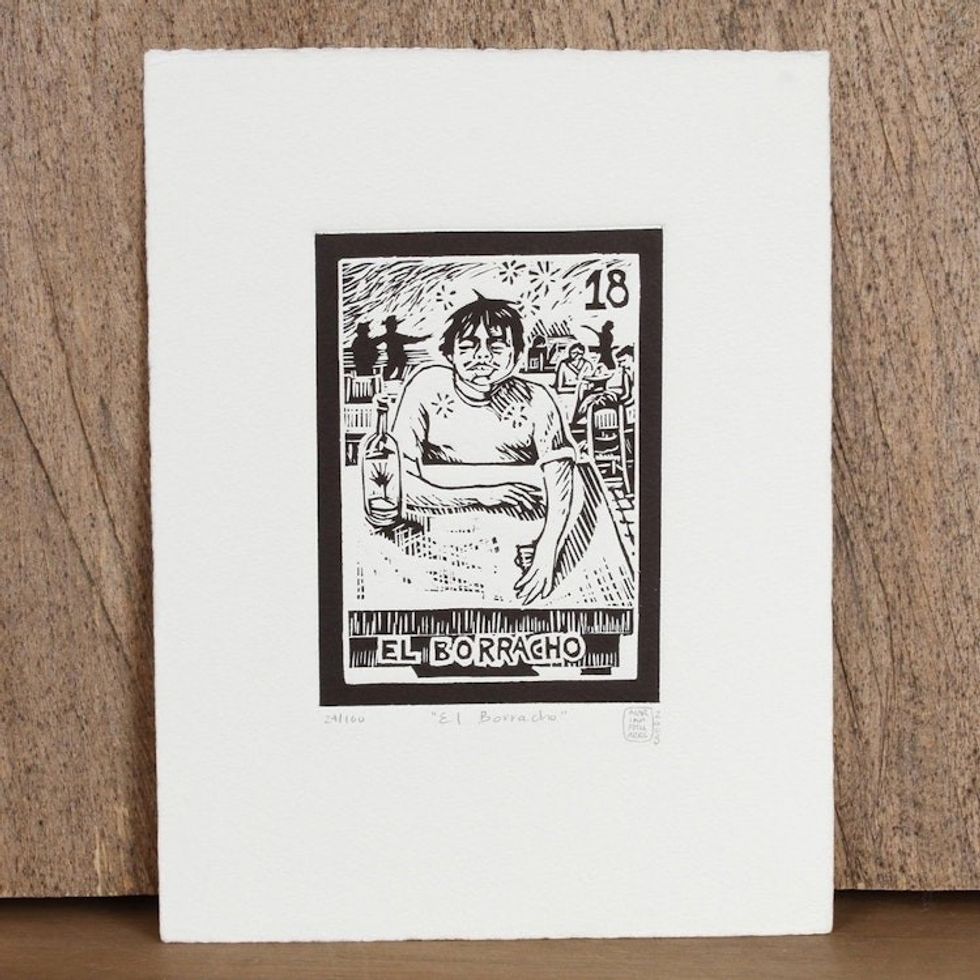 Mexico Folk Art Theme Signed Black and White Etching 'The Drunk Tequila Lotto'