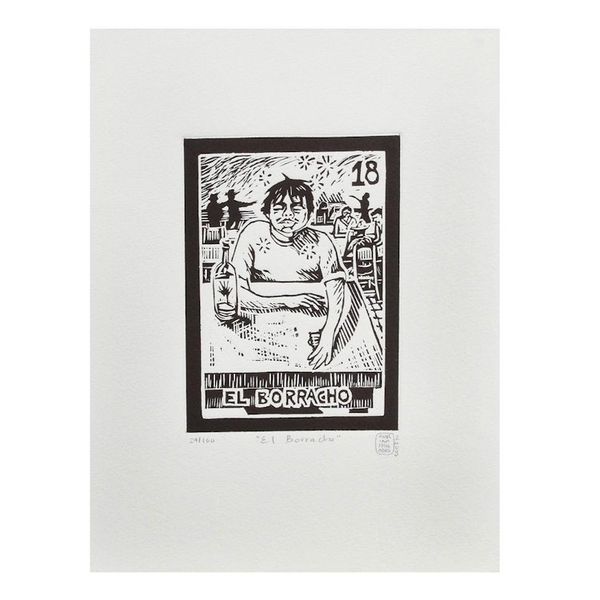 Alternate image for Mexico Folk Art Theme Signed Black and White Etching The Drunk Tequila Lotto