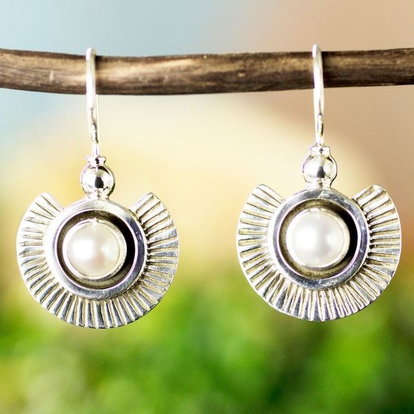 Alternate image for Artisan Crafted Earrings with Pearls and Sterling Silver Teotihuacan Moons