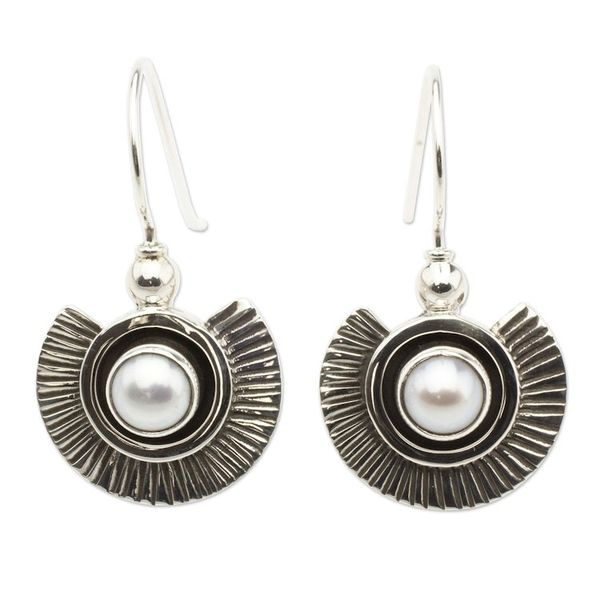 Alternate image for Artisan Crafted Earrings with Pearls and Sterling Silver Teotihuacan Moons