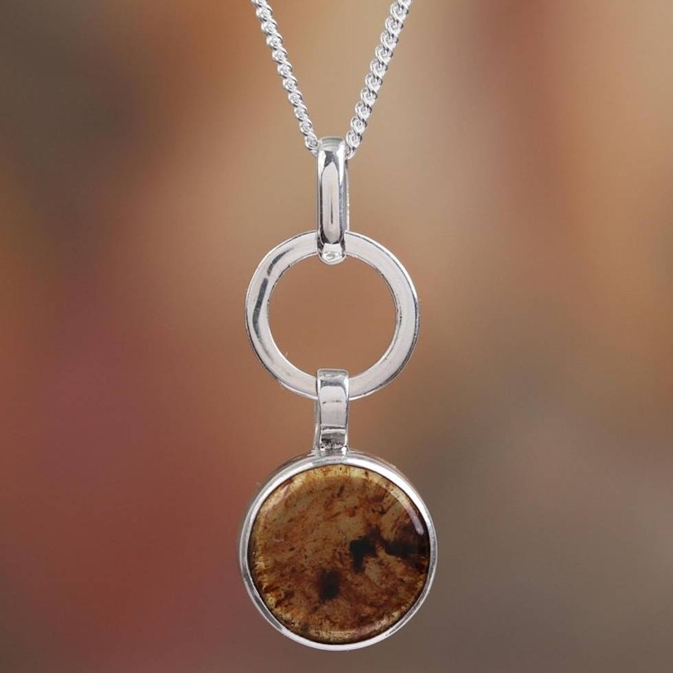 Round Amber Pendant Necklace from Mexico 'Contemporary Flair'