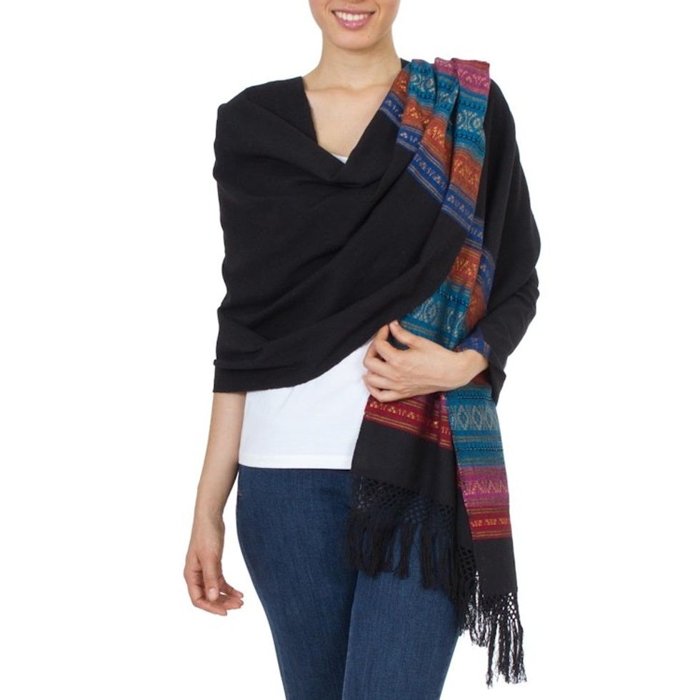 Handwoven Black Zapotec Rebozo Shawl with Multicolor Motifs 'Zapotec Night Blues'