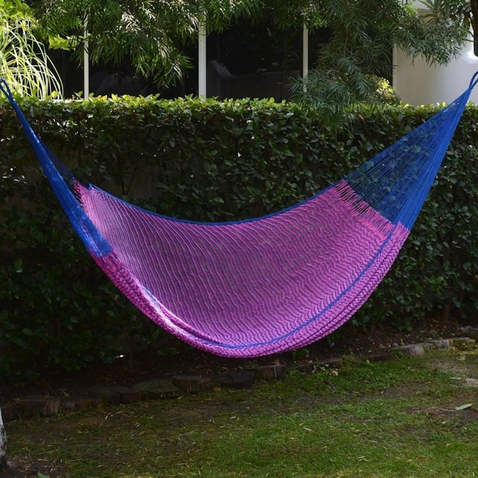 Hand Woven Pink and Blue Nylon Hammock from Mexico Double 'Berry Blossom'