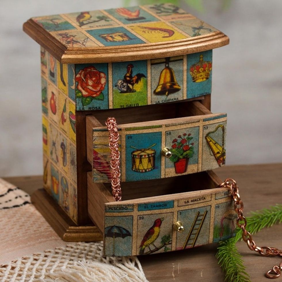 Mexican Bingo Decoupage on Wood Jewelry Box 'Mexican Loteria'