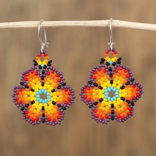 Alternate image for Glass Beaded Floral Dangle Earrings from Mexico Flowers of Color