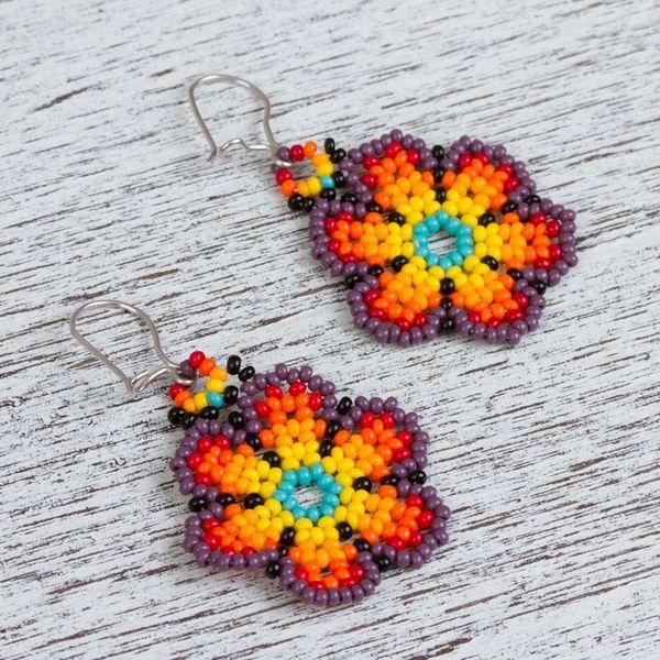 Alternate image for Glass Beaded Floral Dangle Earrings from Mexico Flowers of Color