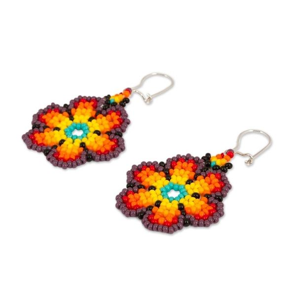 Alternate image for Glass Beaded Floral Dangle Earrings from Mexico Flowers of Color