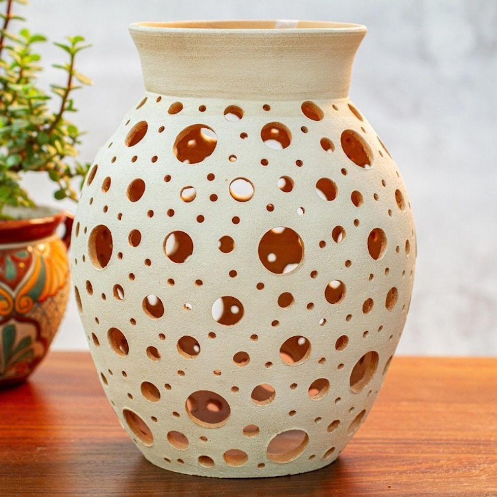 Handcrafted Hole Motif Ceramic Decorative Vase from Mexico 'Transparency'