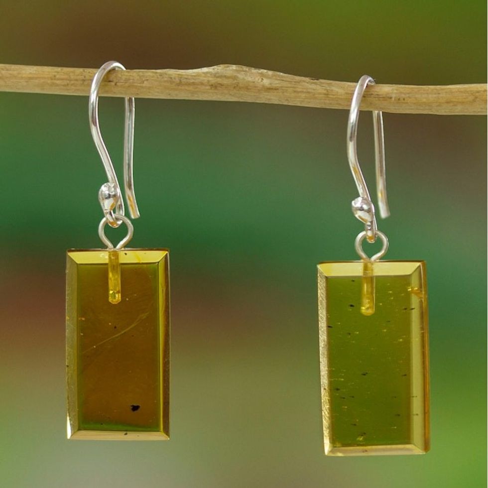Sterling Silver and Amber Bar Dangle Earrings from Mexico 'Amber Treasure'