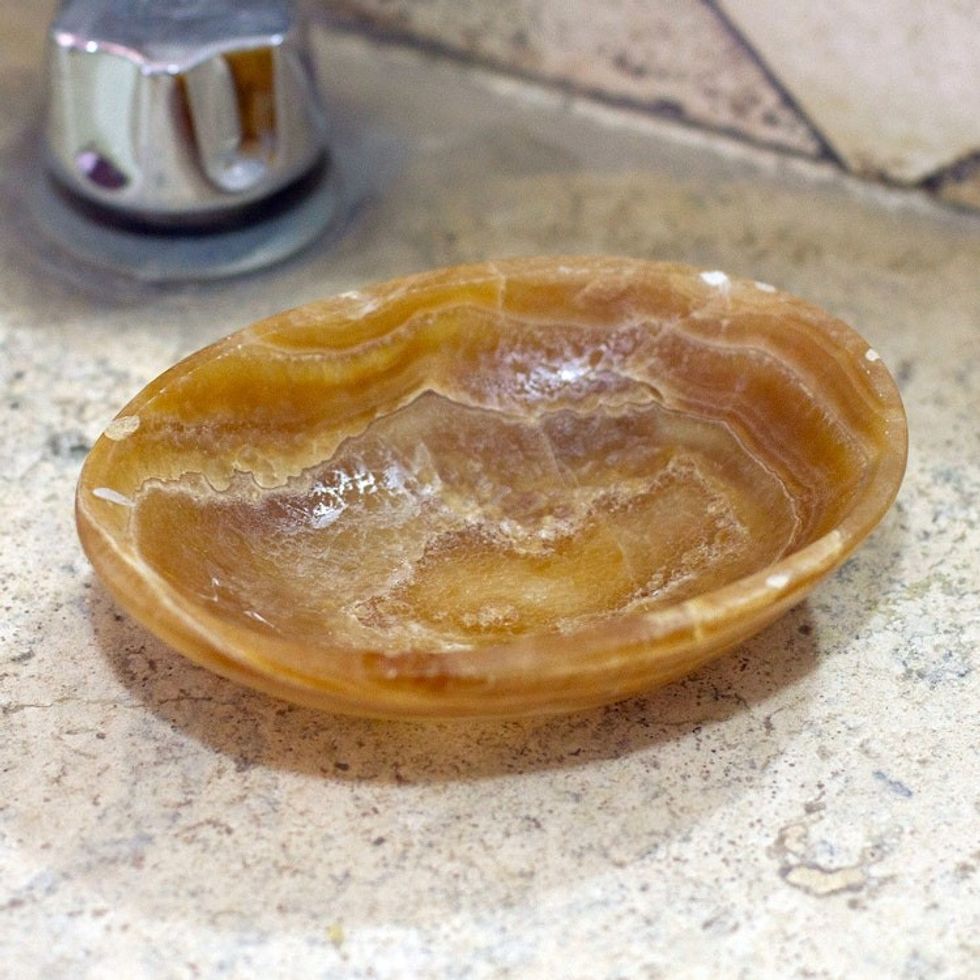 Handmade Onyx Decorative Bowl with Brown Lines from Mexico 'Brown Layers'