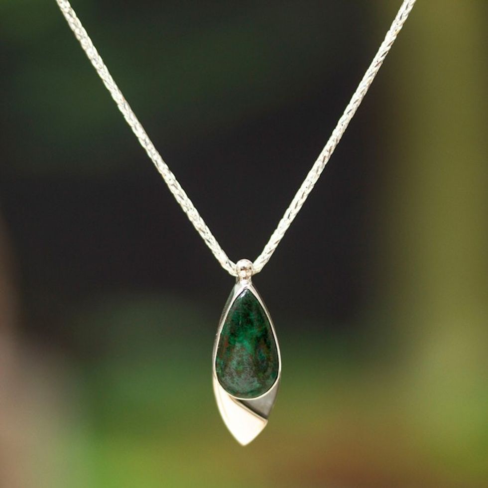 Taxco 950 Silver Modern Pendant Necklace with Chrysocolla 'Ocean's Edge'