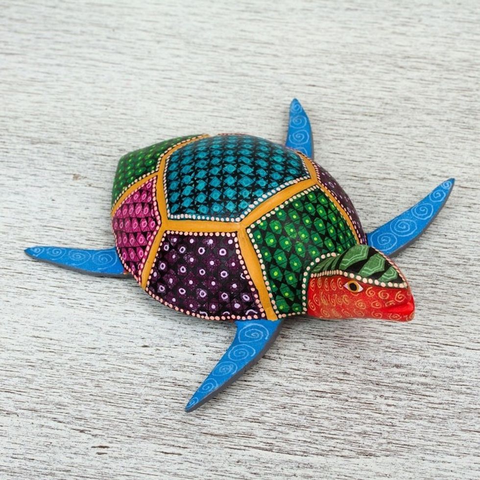 Multicolored Hand Painted Wood Turtle Alebrije Figurine 'The Turtle and the Sea'