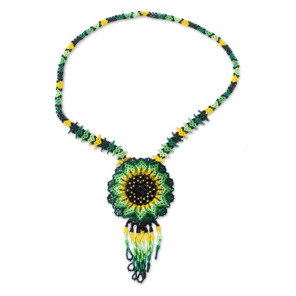 Mexican Artisan Crafted Sunflower Beaded Pendant Necklace 'Sunlit Flower'
