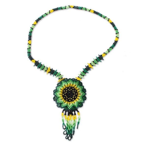 Alternate image for Mexican Artisan Crafted Sunflower Beaded Pendant Necklace Sunlit Flower