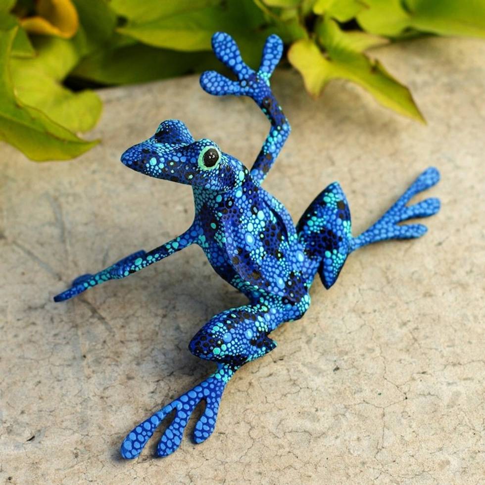 Artisan Crafted Blue Wood Frog Figurine Sculpture 'Blue Dancing Frog'