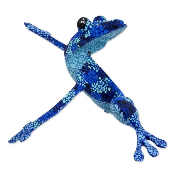 Alternate image for Artisan Crafted Blue Wood Frog Figurine Sculpture Blue Dancing Frog