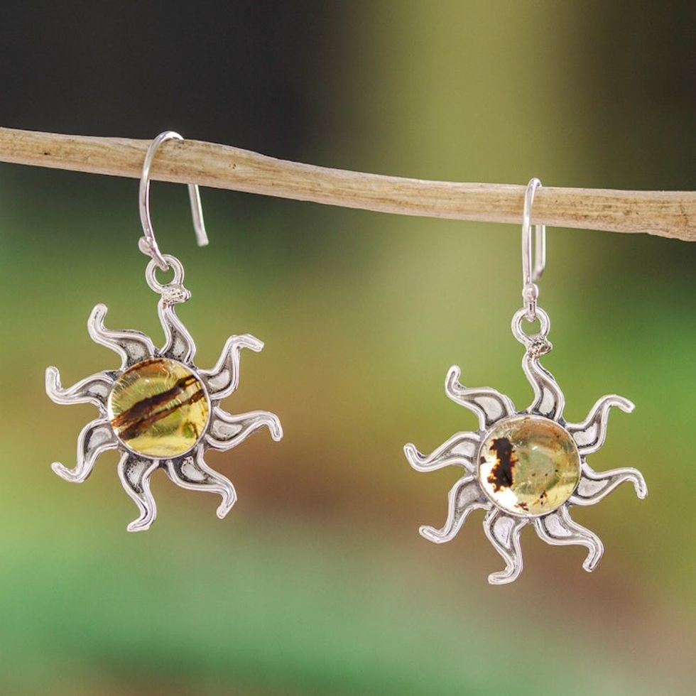 Sun-Themed Amber Dangle Earrings from Mexico 'Ancient Suns'