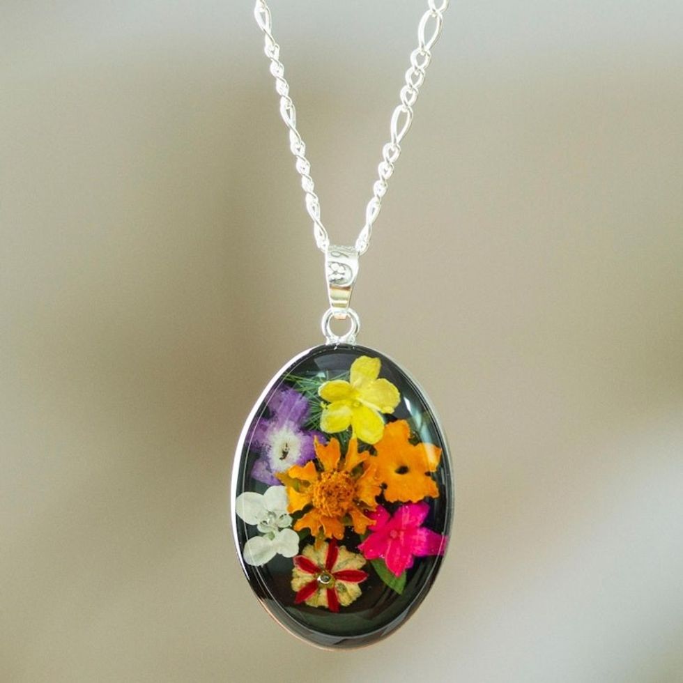 Oval Natural Flower Pendant Necklace from Mexico 'Colorful Bouquet'