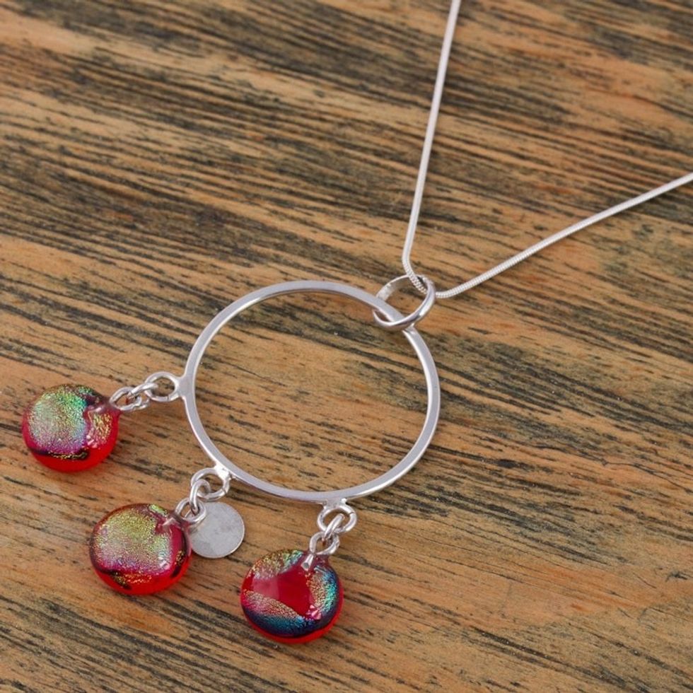 Silver Pendant Necklace with Crimson Dichroic Glass 'Summer Sun'