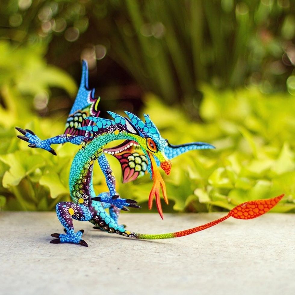 Copal Wood Alebrije Sculpture of Dragon in Blue from Mexico 'Mexican Dragon in Blue'