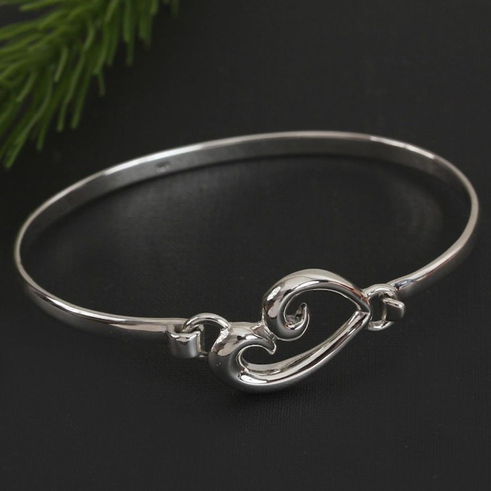 Taxco Sterling Silver Heart Bangle Bracelet from Mexico 'Heart Curl'