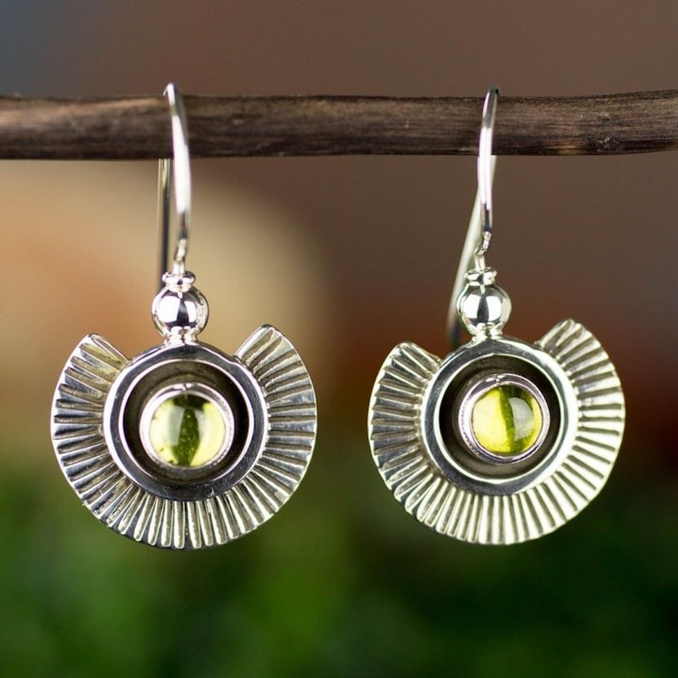 Artisan Crafted Earrings with Peridot and Sterling Silver 'Teotihuacan Suns'