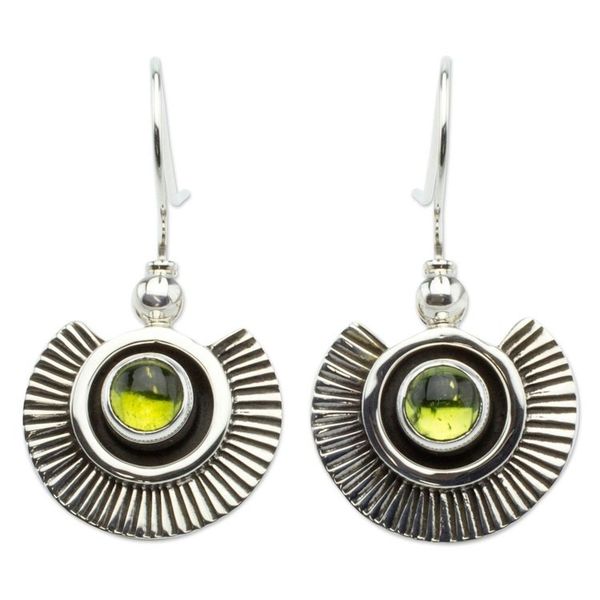 Alternate image for Artisan Crafted Earrings with Peridot and Sterling Silver Teotihuacan Suns