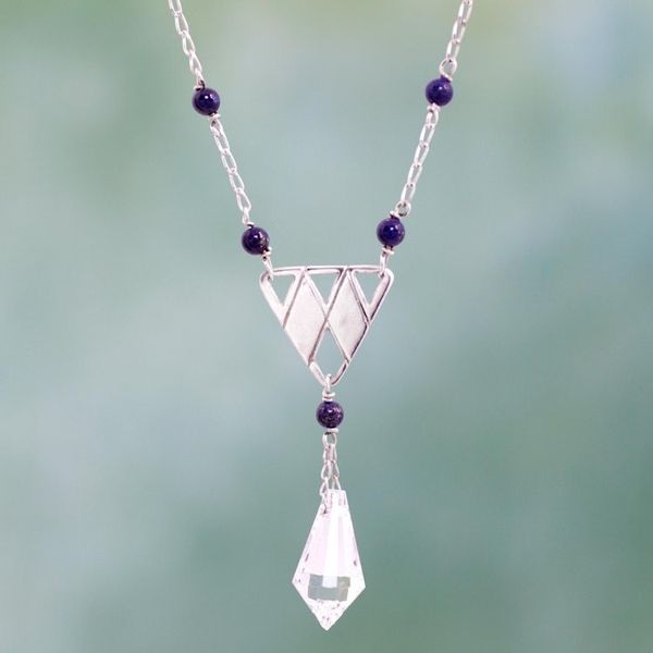 Alternate image for Glass Pendulum Handcrafted Silver Lapis Lazuli Necklace Pyramid Prism