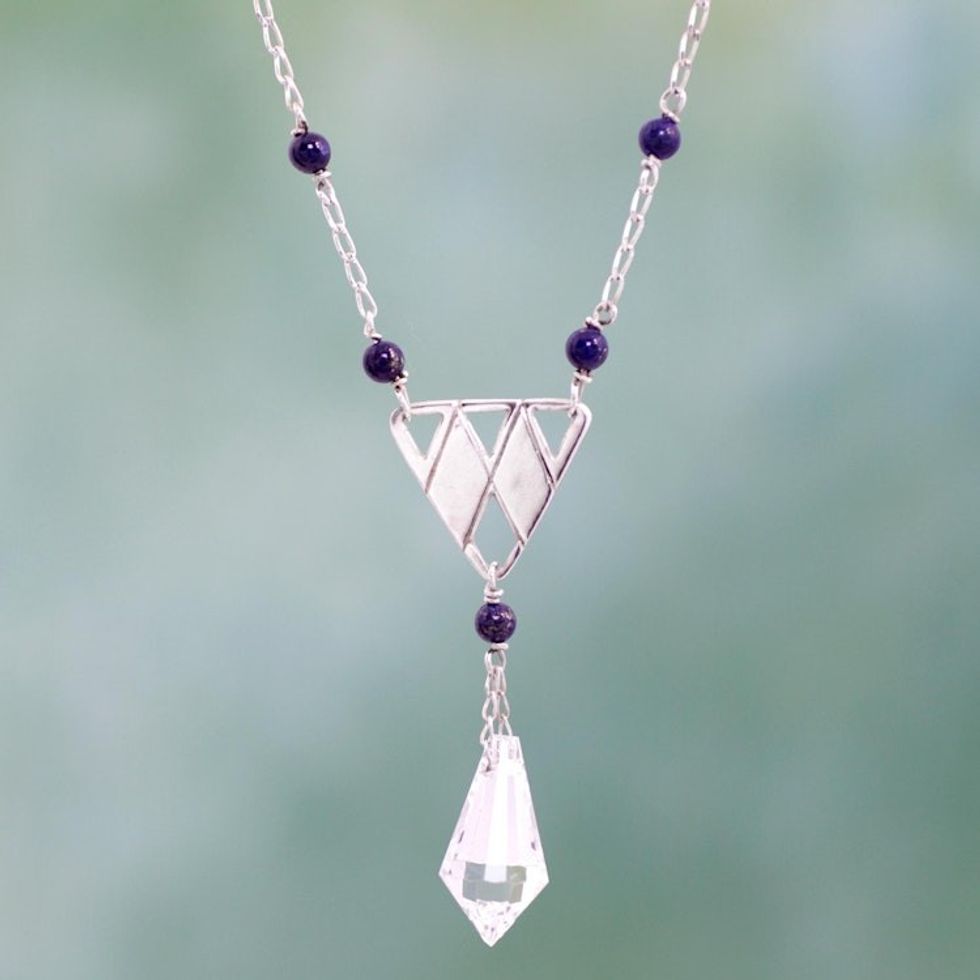Glass Pendulum Handcrafted Silver Lapis Lazuli Necklace 'Pyramid Prism'