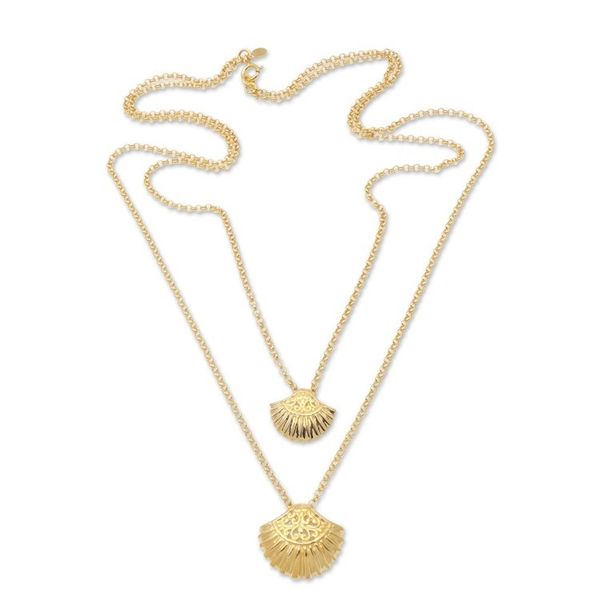 Alternate image for Gold Plated Sterling Silver Clam Shell Pendant Necklace Gleaming Clam Shells