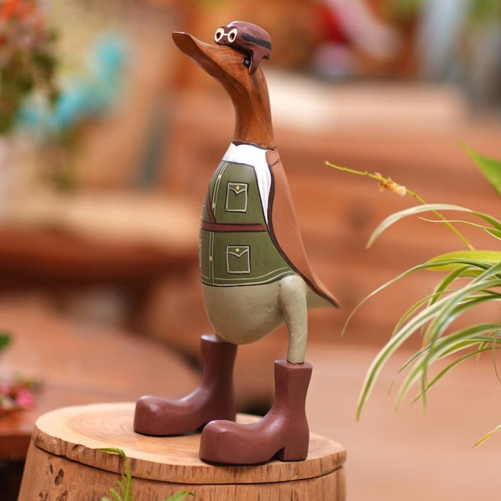 Teak Wood Duck Statuette with Soldier Motif 'Soldier Duck'