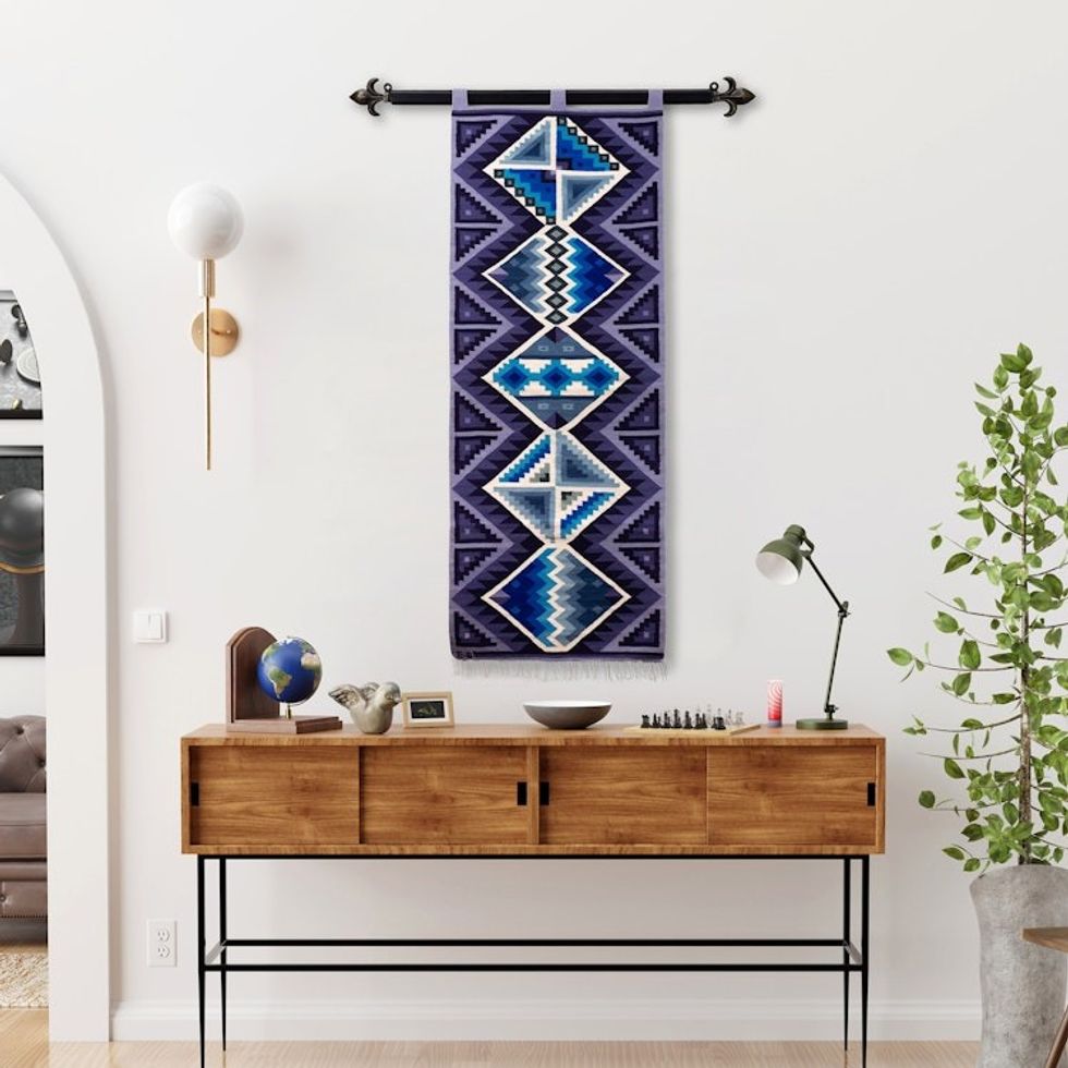 Geometric Handwoven Inca Wool Tapestry in Cool Palette 'Cool Inca Symmetry'