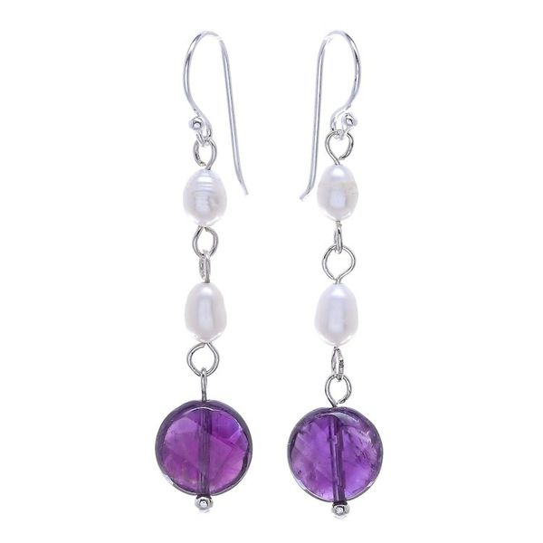 Alternate image for Handmade Amethyst and Cultured Pearl Dangle Earrings Purple Night