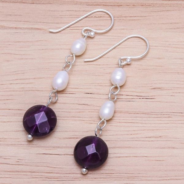 Alternate image for Handmade Amethyst and Cultured Pearl Dangle Earrings Purple Night