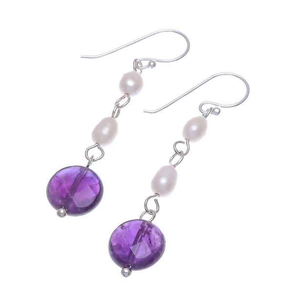 Alternate image for Handmade Amethyst and Cultured Pearl Dangle Earrings Purple Night